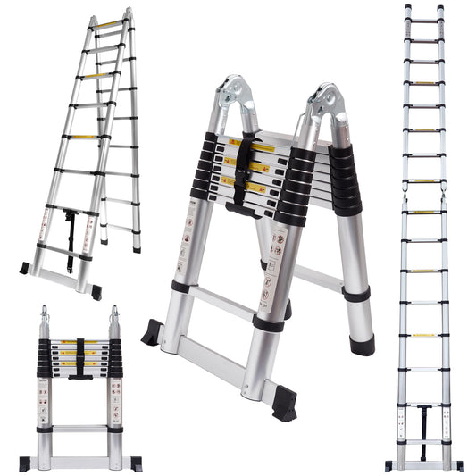 16.5 FT A-Frame Telescoping Ladder,8+8 Step Ladder,330LBs Load Capacity,Portable Extension Ladder Multi-Purpose Collapsible for Stairs Home Indoor Outdoor Roof (Silver, 5M(2.5m+2.5m)/16.5FT A Frame)