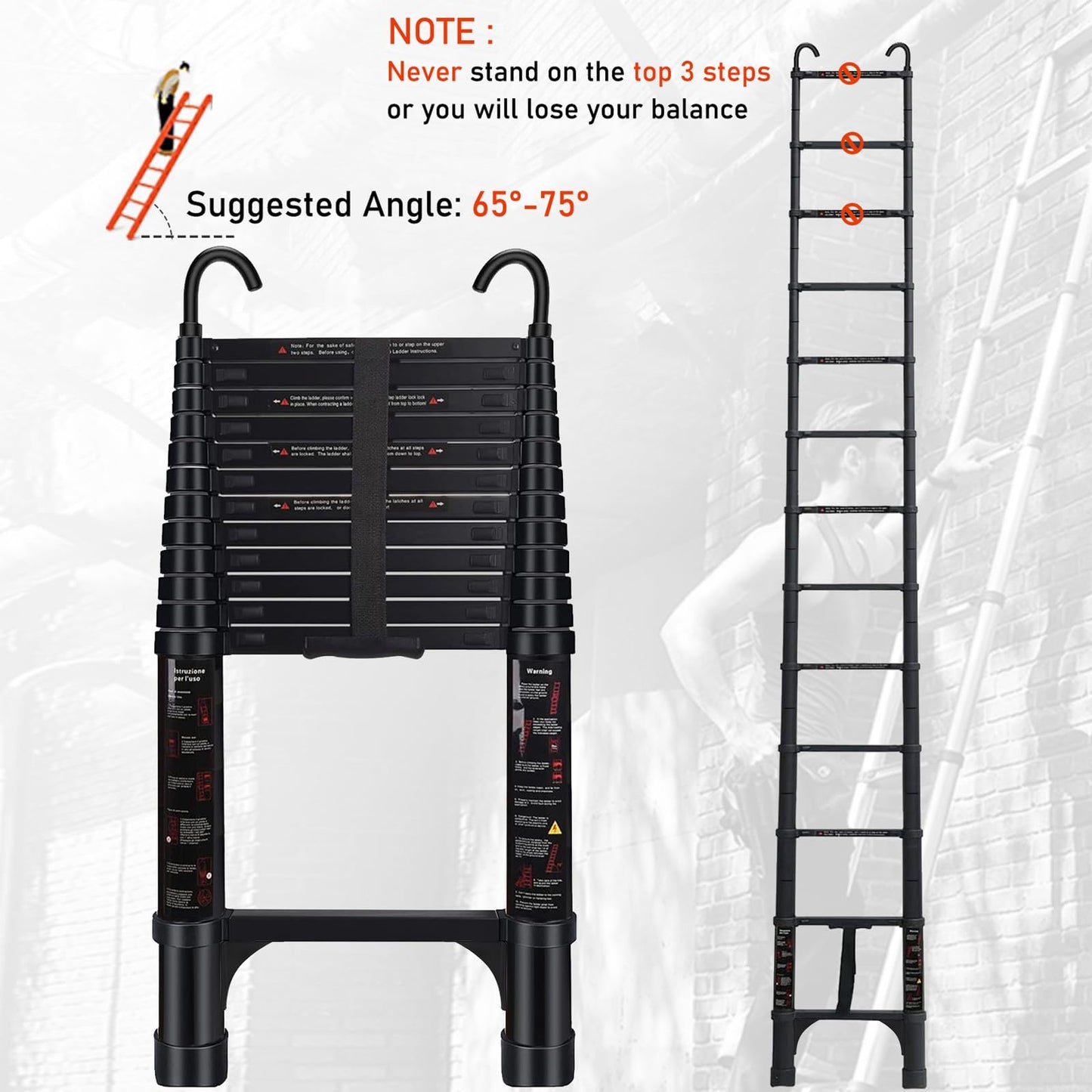 ARCHOM Telescoping Ladder 15 FT - Aluminum Telescopic Ladder with Hooks - Folding Extension Ladders for Home Work Loft Roof Attic RV Ladder with EN131 Certification - 330lbs Max Capacity (Black)