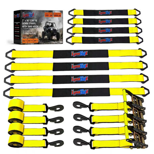 2'' x 96'' Car Trailer Tie Down Straps with Snap Hook for Trailers Heavy Duty, 10,000 lbs Break Strength, 4-Pack Steel Ratchet, 4 Adjustable Car Hauler Straps, 4 Axle Straps - Yellow