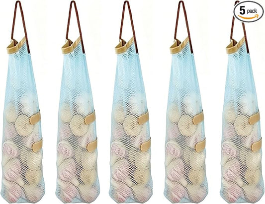 Ahyuan Hanging Mesh Storage Bags 5 Pack Onion Garlic Potatoes Net Mesh Bag Long and Large Reusable Net Produce Bags for Fruit Veggies Garbage Bag for Home RV Camper (Blue)