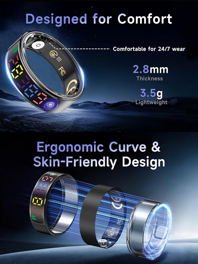 Smart Ring for Women Men, Health Ring with Colorful Display, Fitness Tracker with Heart Rate, Blood Oxygen, Sleep Monitor, No Subscription Fee, 5ATM Waterproof for iPhone & Android (Black, 10)