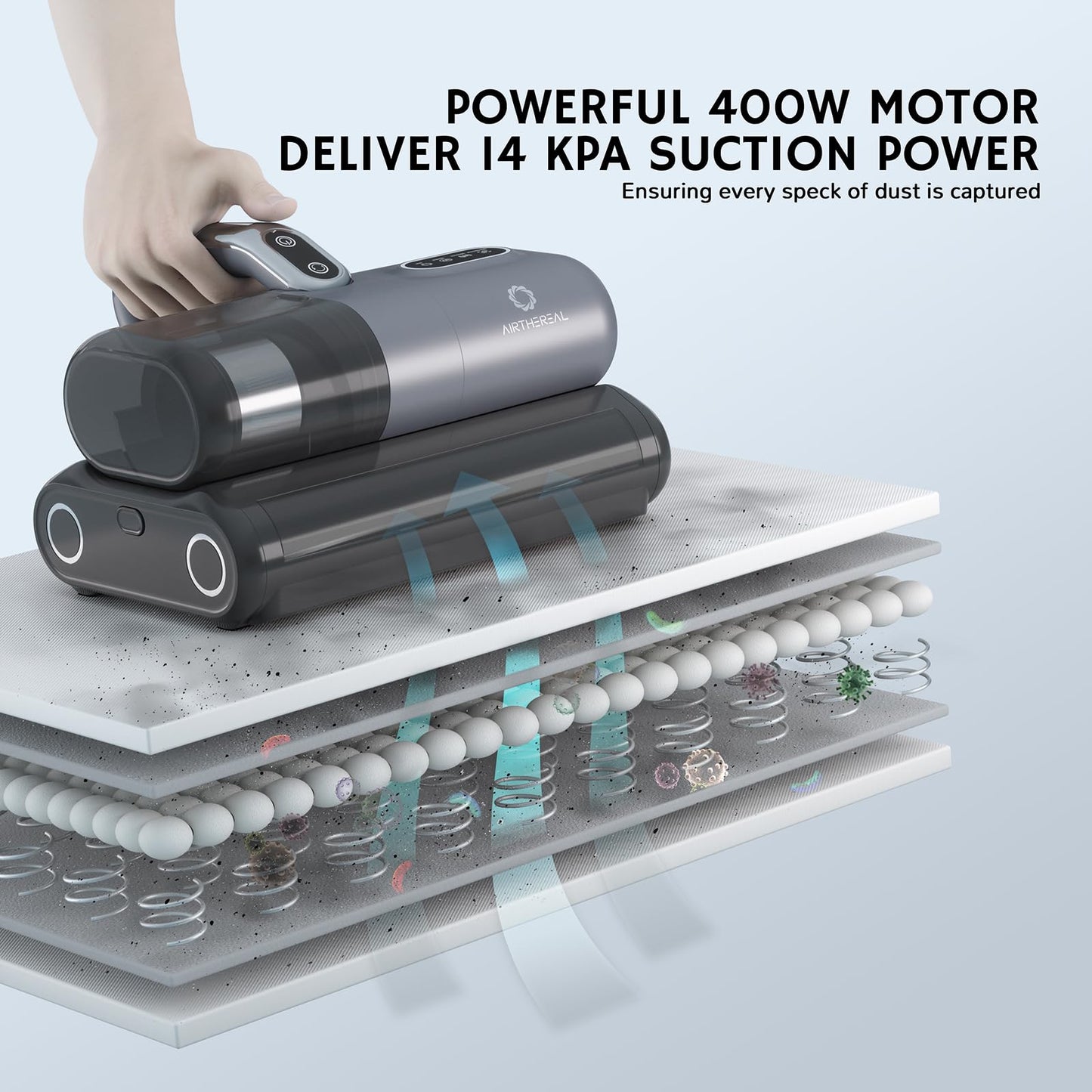 AIRTHEREAL M1 Mattress Vacuum Cleaner, 6 in 1 Bed Vacuum with High-Frequency Vibration - 80,000 RPM Dual Brushroll Rotation, UV-C Light, 14Kpa Suction, Dust Sensor, Ultrasonic and Heating Tech