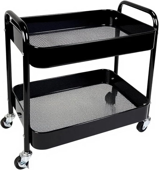 2 Tier Short Rolling Cart with Wheels for Under Desk Storage & Panrty Floor Organizer, Large Capacity Metal Kitchen Utility Cart, Sturdy Makeup Organizer for Small Space with 4 Hooks, Black