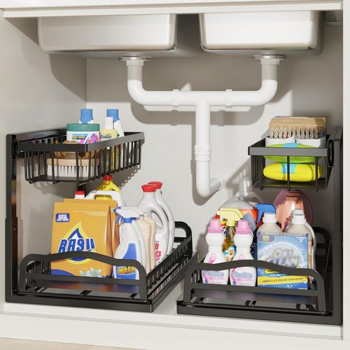 AceMining Under Sink Organizer - 2 Pack L-Shaped 2 Tier Cabinet Storage with Sliding Drawer & Adjustable Height