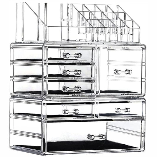 Clear Acrylic Makeup Organizer for Vanity,Countertop,Stackable 7 Drawers Bathroom Skincare Organizer with Brush Holder,Large Skin Care Organizer for Jewelry,Beauty Product Lipsticks,Nail Polishes