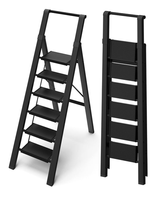 BEFITMACE 6 Step Ladder, Lightweight Folding Step Stool with Convenient Handgrip,Aluminum 330lbs Capacity Step Ladder for Office,Household,Kitchen(Black)