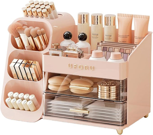 UFORU Makeup Organizer for Vanity with Brush Holder, Large Capacity Bathroom Countertop Skincare Organizer with 2 Drawers, Cosmetic Display Case for Perfumes, Eyeshadow Palettes, Nail Polishes