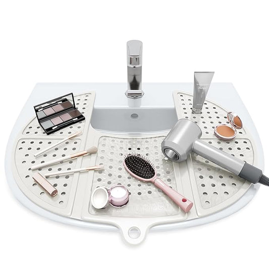 Sink Topper Bathroom Counter Cover & Storage Saver, Foldable Silicone Mat for Hot Tools, Hair Styling & Makeup, Beauty Brush Cleaning Mat, RV Camper Sink Cover & for Small Spaces (Standard Pearl)