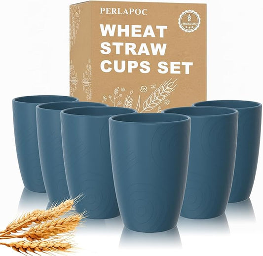 Wheat Straw Cups, Unbreakable Reusable Plastic Cup Set of 6, Lightweight Dishwasher Safe Kids Drinking Cups 12 OZ for Everyday Use, Kitchen, RV, Camping, Blue