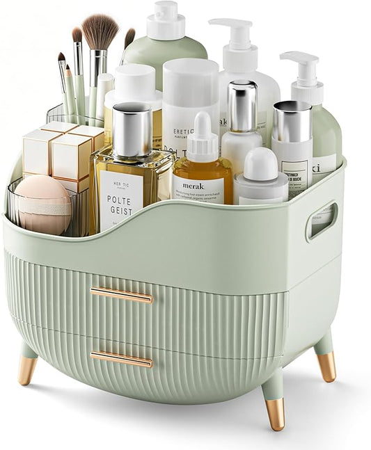 Pajiriona Makeup Organizer with Drawers, Green Skincare Organizer for Vanity, Storage Box with Handle, Large Cosmetic Display Case for Dresser, Bathroom Countertop