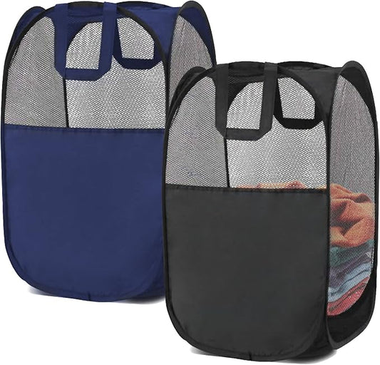 2 pop-up foldable mesh laundry baskets (each with 2 reinforced handles), black + blue…