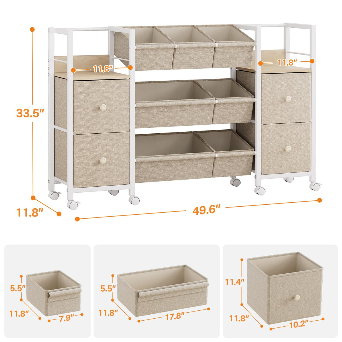 Kids Toy Organizers and Storage Bins - 7 Storage Bins + 4 Fabric Drawers + 2 Bookshelf, Playroom Storage, Mobile Cart Organizer for Toy, Clothes, Blankets and Books - Off White