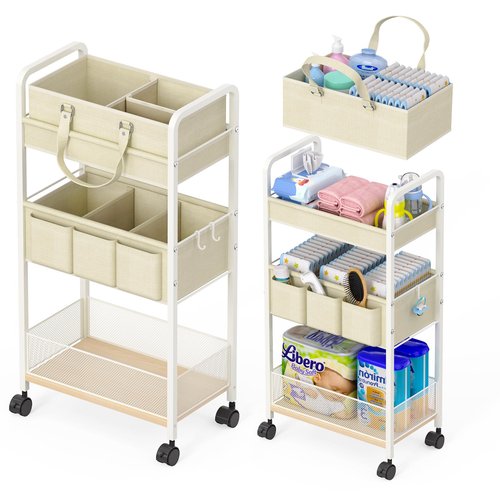 2In1 Baby Diaper Caddy & 3-Tier Rolling Cart, Diaper Caddy Organizer Carts with Dividers, Mobile Metal Utility Cart for Nursery Essentials, Detachable Bedside Cart, Large Capacity, White