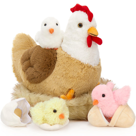 Karister 7Pcs Chicken Stuffed Animals, Stuffed Hen Plush with Baby Chicks & Eggs, Nest Hen Coop Plush Toy Set for Kids, Soft Stuffed Farm Animal Plushie for Birthday Christmas Easter Gift, 14"