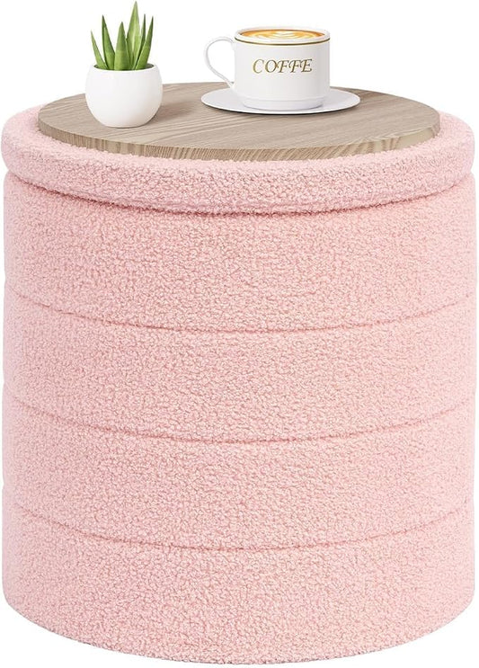 PINPLUS Round Storage Ottoman Foot Rest Stool with Tray Velvet Sherpa Folding Storage Ottoman,Boucle Foot Rest for Living Room, Bedroom, Dorm,Pink Color