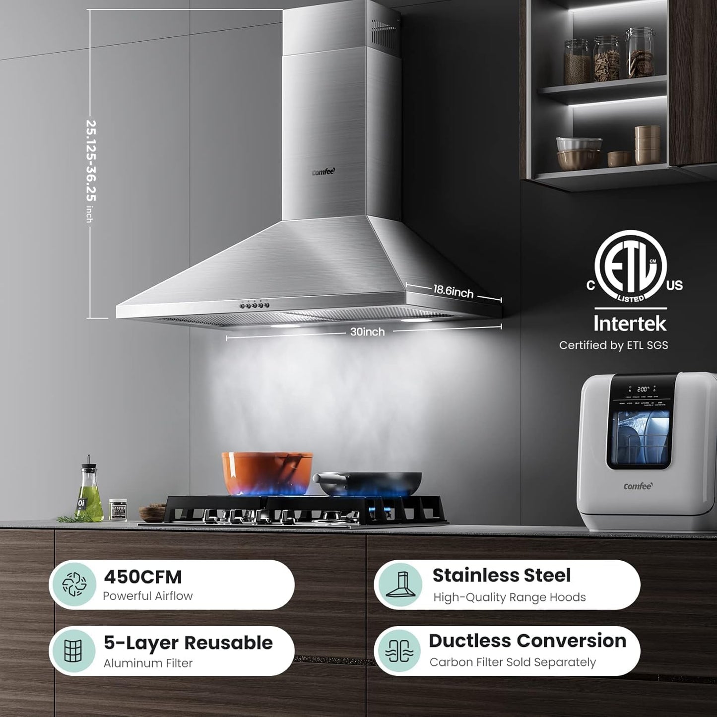 COMFEE' CVP30W6AST Ducted Pyramid Range 450 CFM Stainless Steel Wall Mount Vent Hood with 3 Speed Exhaust Fan, 5-Layer Aluminum Permanent Filters, Two LED Lights, Convertible to Ductless, 30 inches