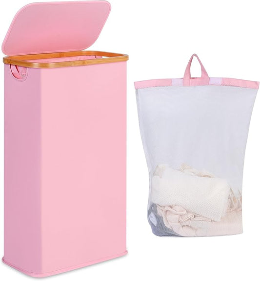 iEGrow 65L Slim Laundry Hamper, Narrow Laundry Basket with Lid,Foldable Clothes Hamper with Bamboo Handles,Hamper Basket with Removable Inner Bag for Laundry Room Bedroom College Dorm,17.17 Gals Pink