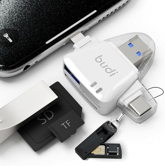 BUDI 6-in-1 SD Card Reader for iPhone, Micro SD TF Memory Card Reader Trail Camera Viewerport Adapter,Compatible