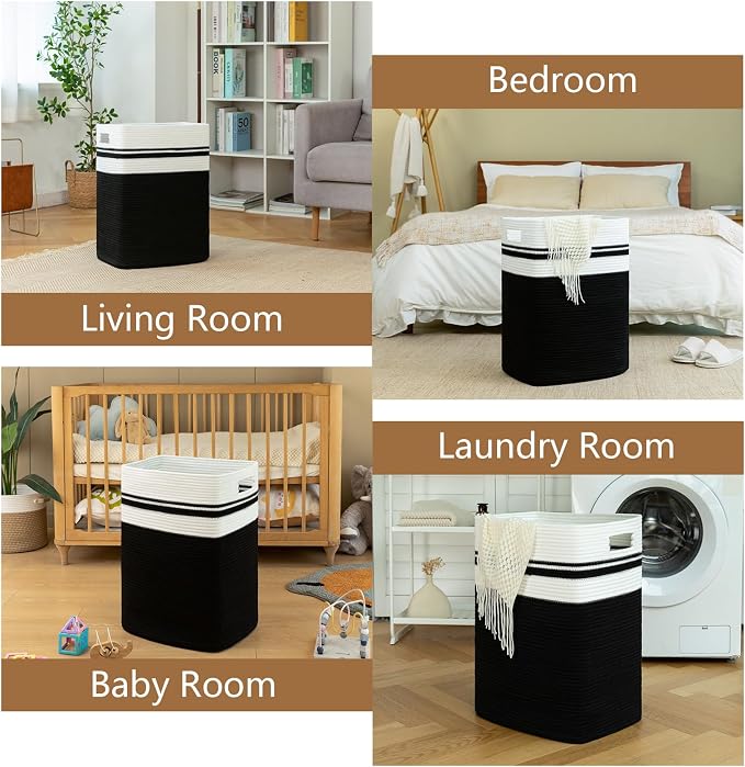 OIAHOMY Laundry Hamper-Laundry Basket,Tall Cotton Storage Basket with Handles,Decorative Blanket Basket for Living room,Collapsible Large Basket for Toys,Pillows,Clothes Organizer-16x13x22in-Black