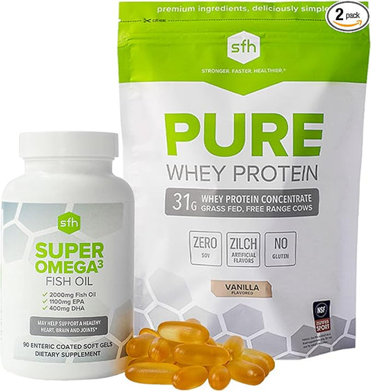 SFH Health & Wellness Bundle Pure Whey Vanilla Protein Powder and Super Omega 3 Fish Oil Capsules