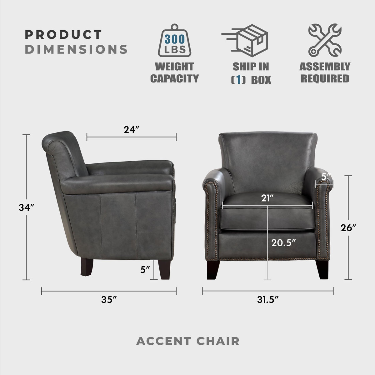 Lexicon 100% Top Grain Genuine Leather Chair, Leather Accent Chairs for Living Room, Solid Wood Frame, Rolled Armrest & Nailhead Trim, Comfy Reading for Bedroom, Office, Waiting Room, Classic Gray