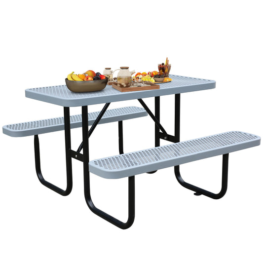 4FT Metal Picnic Tables for Outdoors, Commercial Rectangular Picnic Table and Bench Set for Outside, Patio, Garden, Backyard, Porch, Surface Mount, Grey