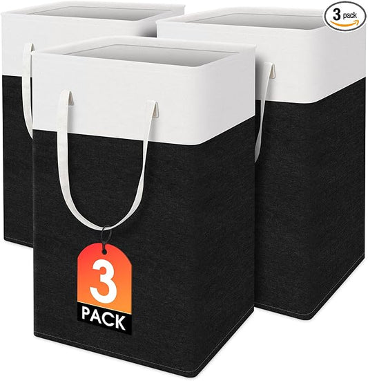 TasticTotes laundry basket 3-Pack, laundry hamper, Hamper with handles, collapsible laundry baskets, Waterproof dirty clothes hamper, Towel Storage for Home or Dorm, 75L-Black