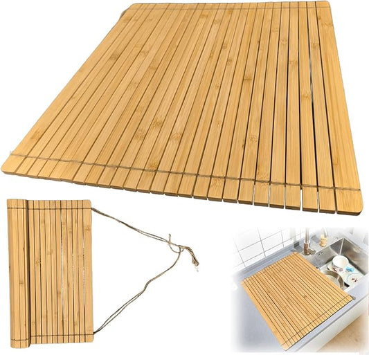 Over Sink Drainer Rack, Bamboo Roll up Dish Drying Rack Multipurpose Dish Drainer Counter Space, Over The Sink Dish DryingRack for Draining Dish, Glass, Vegetables, Fruits