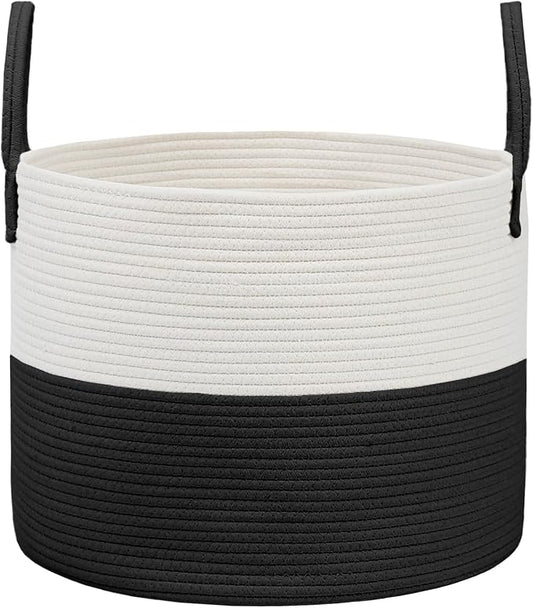 JMvicyroam 65L Extra Large Blanket Basket for Living Room - Woven Cotton Rope Laundry Hamper with Reinforced Handles - Storage Bin for Pillows, Comforters & Toys - Machine Washable,White&Black