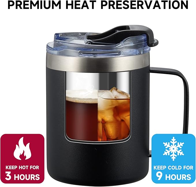12 oz Insulated Coffee Mug Cup with Handle, Stainless Steel Travel Coffee Mug with Flip Lid, Double Wall Vacuum Coffee Tumbler, Meadow