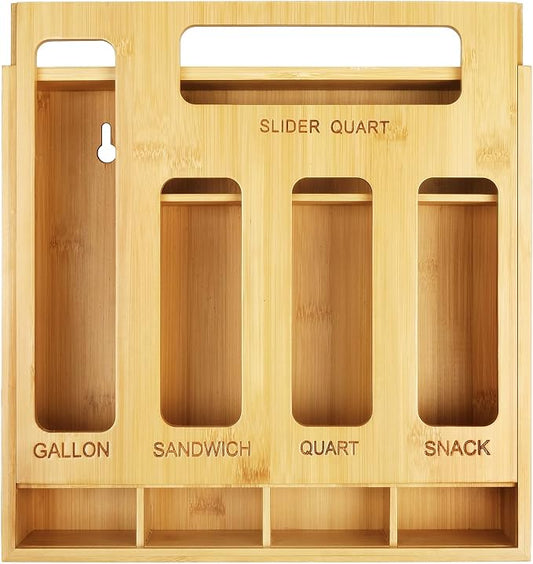 DUJEN Plastic Bag Organizer for Drawer, Bamboo Food Storage Bags Container Organizer with Slider, Baggie Bags Storage for Drawer Compatible with Gallon, Sandwich Variety Size Bags