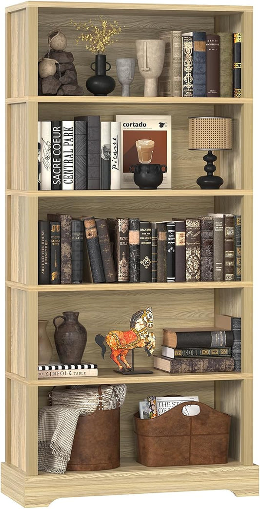 TVU 5-Tier Wooden Bookshelf, 65" Tall Farmhouse Style Open Bookcase, 31.5" W Standing Book Shelf with Storage, Suitable for Study, Living Room, Office, Natural Wood Color
