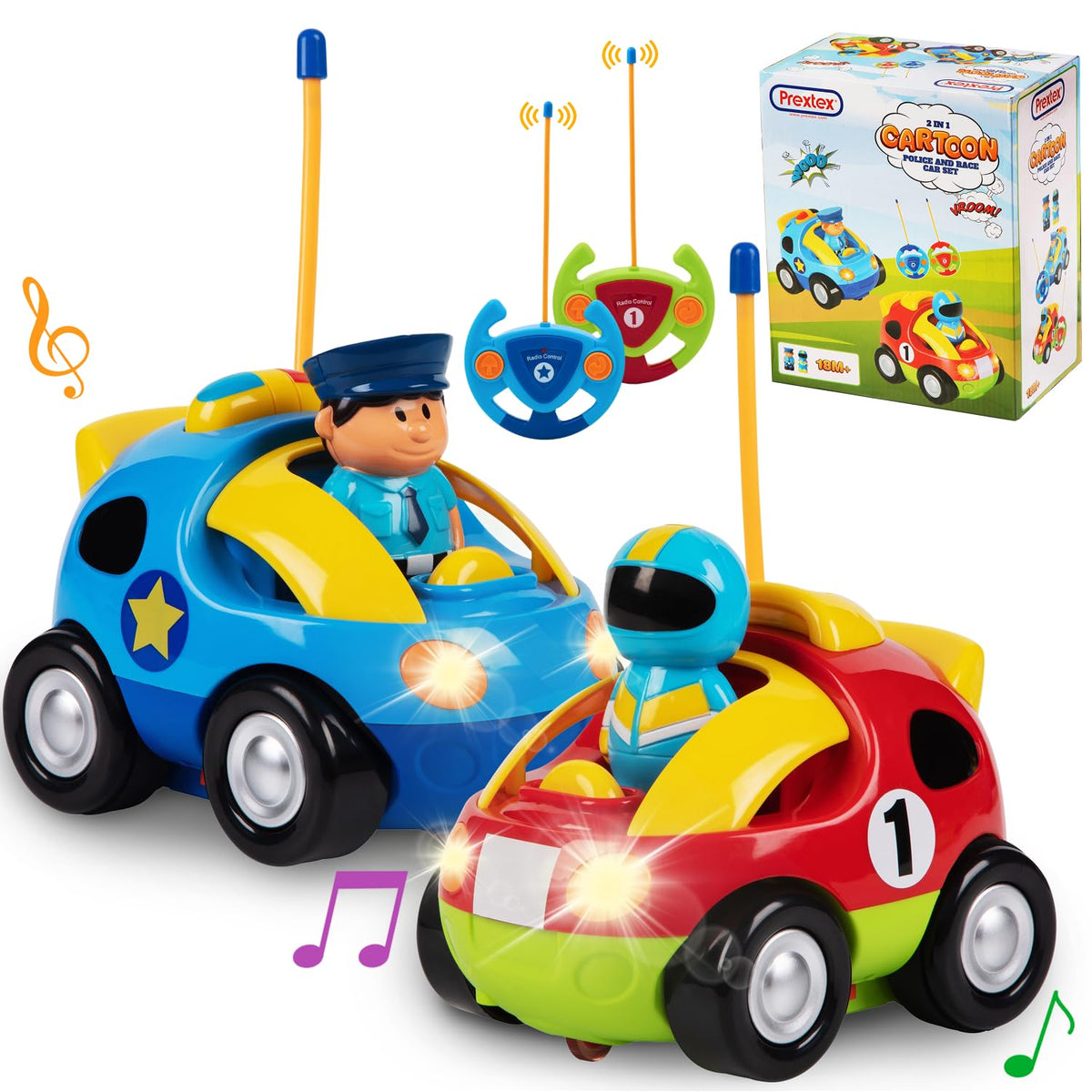 PREXTEX 2 Pack Cartoon Remote Control Cars for Toddlers - Police Car and Race Car with Steering Wheel Controllers and Lights - Different Frequencies Racing Together - Easter Toddler Gift 18+ Months