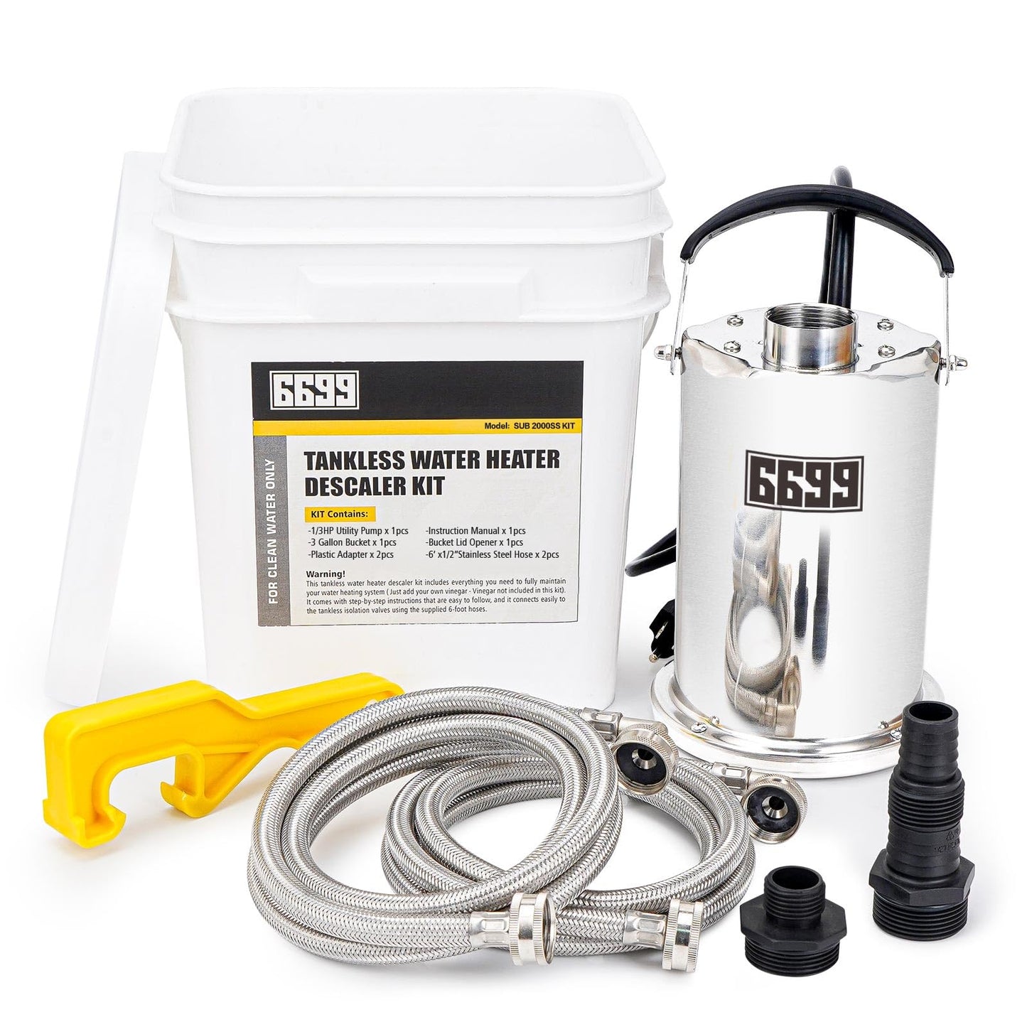 6699 Tankless Water Heater Flushing Kit Includes 1/3HP Stainless Steel Sump Pump with Two Adapters & 3 Gallons Pail with Bucket Lid Opener & Two 1/2” Dia X 6’ Hoses with Washers