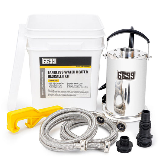 6699 Tankless Water Heater Flushing Kit Includes 1/3HP Stainless Steel Sump Pump with Two Adapters & 3 Gallons Pail with Bucket Lid Opener & Two 1/2” Dia X 6’ Hoses with Washers