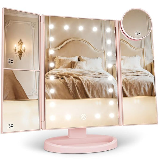 HUONUL Makeup Mirror, Vanity Mirror with Lights, 2X/3X/10X Magnification, Touch Control, Trifold, Dual Power Supply, Birthday Gifts for Women, Wife, Mom, Girls,Dorm Room Essentials
