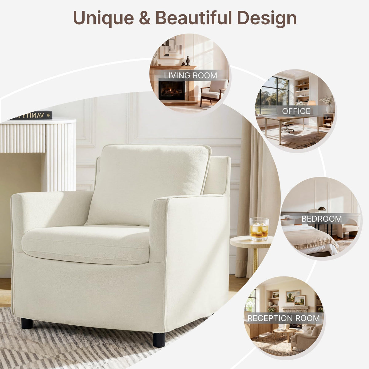 Upholstered Barrel Accent Chair with Storage Ottoman,Modern Armchair with Washable Slipcover for Living Room, Bedroom,Reading Spaces,Office,Cream White