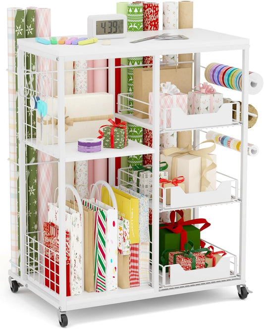 Wrapping Paper Organizer - Rolling Gift Wrap Cart with Wheels, 20 Roll Holders & 3 Drawers | White