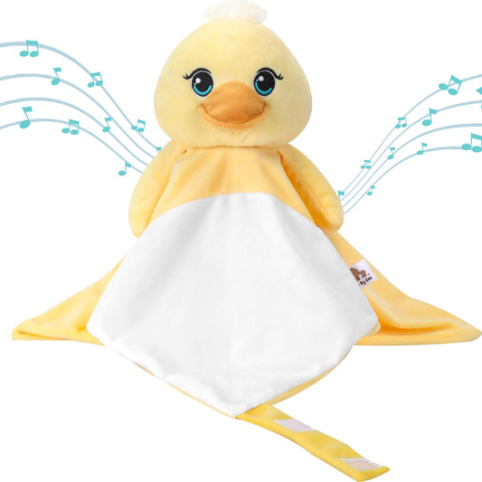 Love By Emi 4 in 1 Baby Lullaby Sleep Soother Toy - Stuffed Animal Sound Machine & Pacifier Holder | Heartbeat White Noise & Music | Plush Yellow Duck Lovey Sleep Aid Security Blanket (0-3 Years)