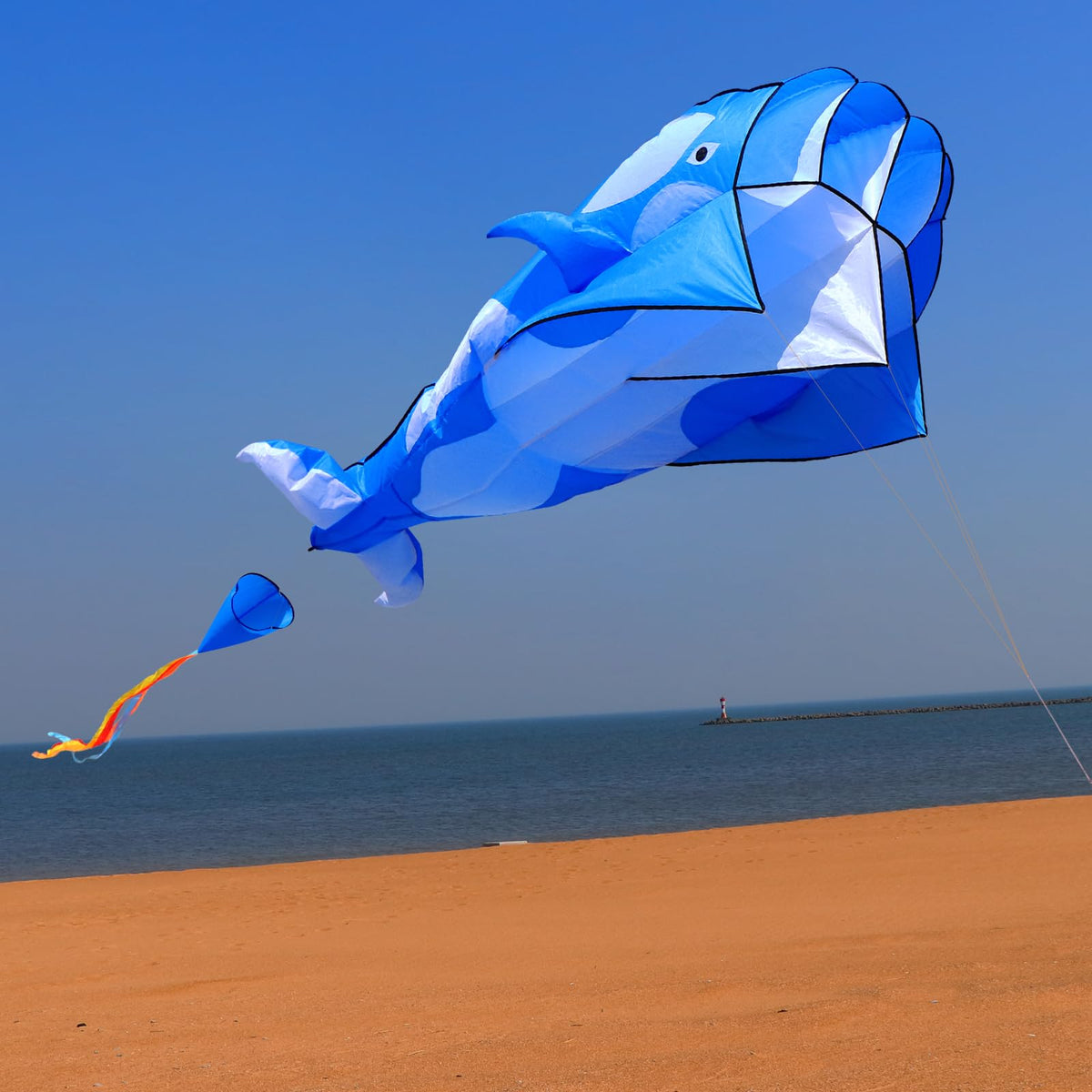 TianYueFly Blue 83" Huge 3D Orcas Kites for Adults & Kids with 8-inch Dia Kite Reel and Tail, Frameless Soft Whale, Giant Single-line Beach Kite for Adults and Teenagers