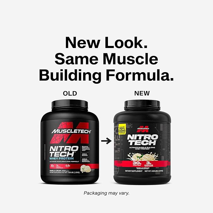 Muscletech Whey Protein Powder (Vanilla Cream, 4 Pound) - Nitro-Tech Ultimate Muscle Building Formula with Whey Protein Isolate - 30g of Protein, 3g of Creatine & 6.8g of BCAA - Packaging May Vary