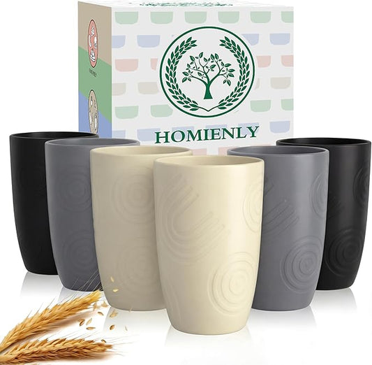 Homienly Premium Wheat Straw Cups Set of 6, Reusable 16oz Water Glasses Lightweight and Unbreakable Drinking Cups,Alternative Plastic Cup Dishwasher Safe Cups for Home and Outdoor - GreyStone