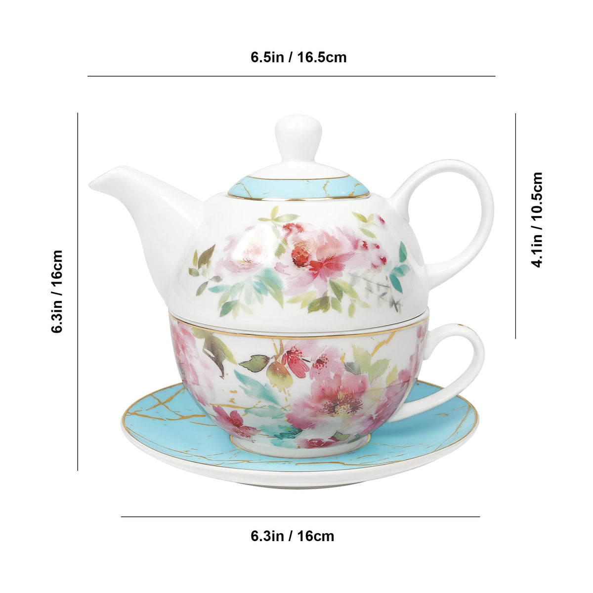 fanquare Pink Floral Teapot, Tea Cup and Saucer Set with Gold Trim, Porcelain Tea for One Tea Set for Gift, Blue