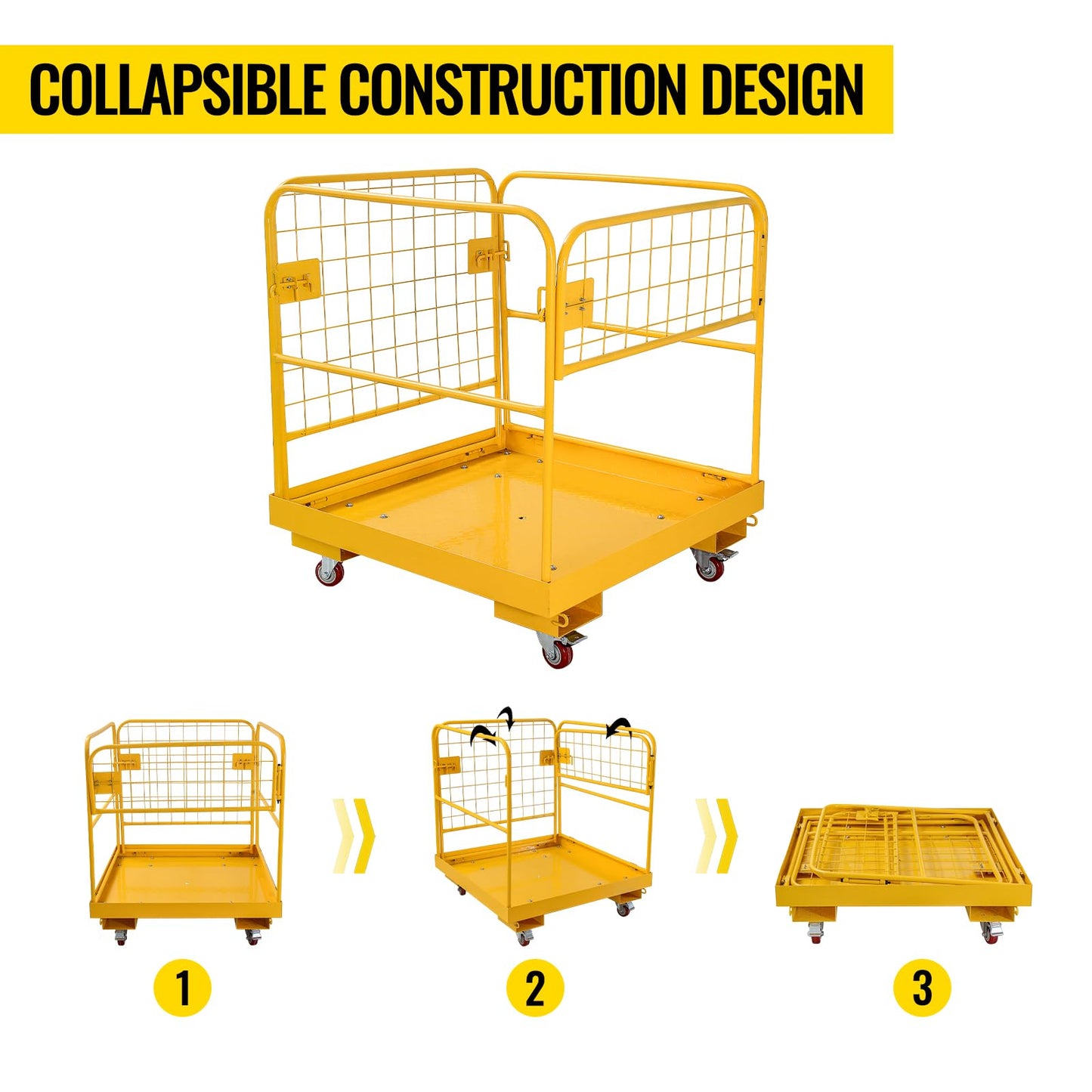 Migoda Forklift Safety Cage 36 x 36 inches, 1200 lbs Capacity Forklift Man Basket, Folding Work Platform with 4 Wheels, Collapsible Cage Lift Basket for Aerial Jobs