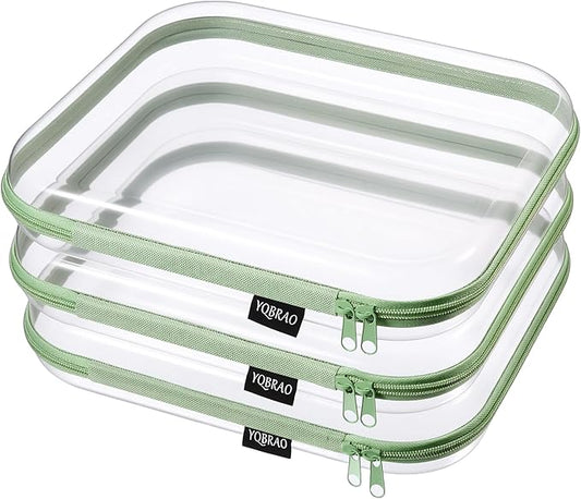 YQBRAO 3-Pack Large Clear Hard Shell Zipper Case, 1.2mm Ultra-Thick Rigid Toy & Closet Organizer, Heavy-Duty Diaper Bag Pouch Set with YKK Zippers, Waterproof Travel Storage (Green)