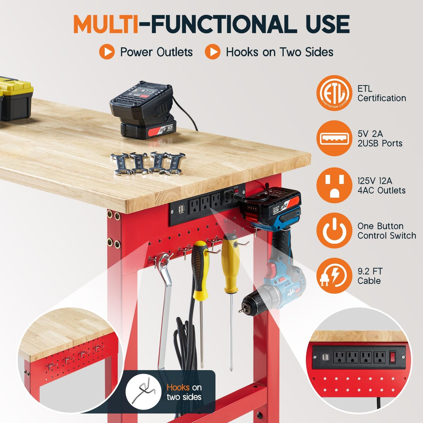 Albott 44x20 Adjustable Workbench with Power Outlets, 2000 LBs Heavy Duty Work Table with Hooks, Solid Rubber Wood Top, for Garage, Woodworking, Workshop, Home Office, Red