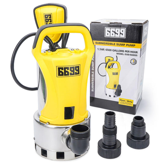 6699 1.5HP Sump Pump Submersible Utility Pump 6500GPH High Flow Stainless Steel Water Pump Water Removal from Pool Basement Sump Pit Garden Pond Hot Tub SUB 6500SS