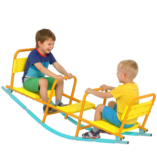 Qaba Teeter Totter Seesaw for Kids, 2 in 1 Metal Rocking Seesaw for Toddlers Age 3-8, 2 Seater Playground Equipment with Easy-Grip Handles for Backyard Indoor Outdoor, Yellow