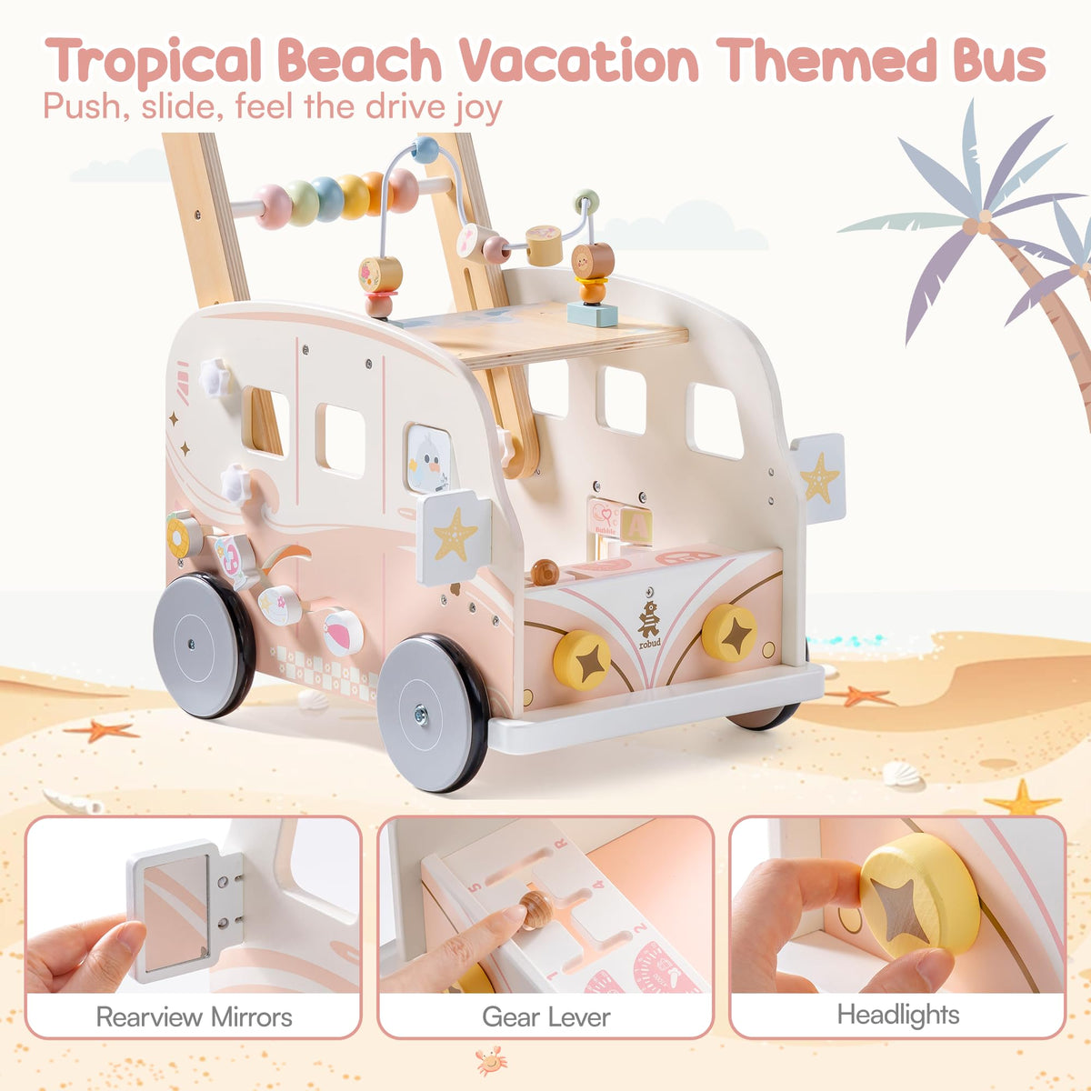 ROBUD Wooden Baby Walker, Height & Speed Adjustable Baby Push Walker with Anti-Slip Wheels, Developmental Activity Center with Ocean Vacation Theme, Wooden Walkers for Babies Learing to Walk，Pink