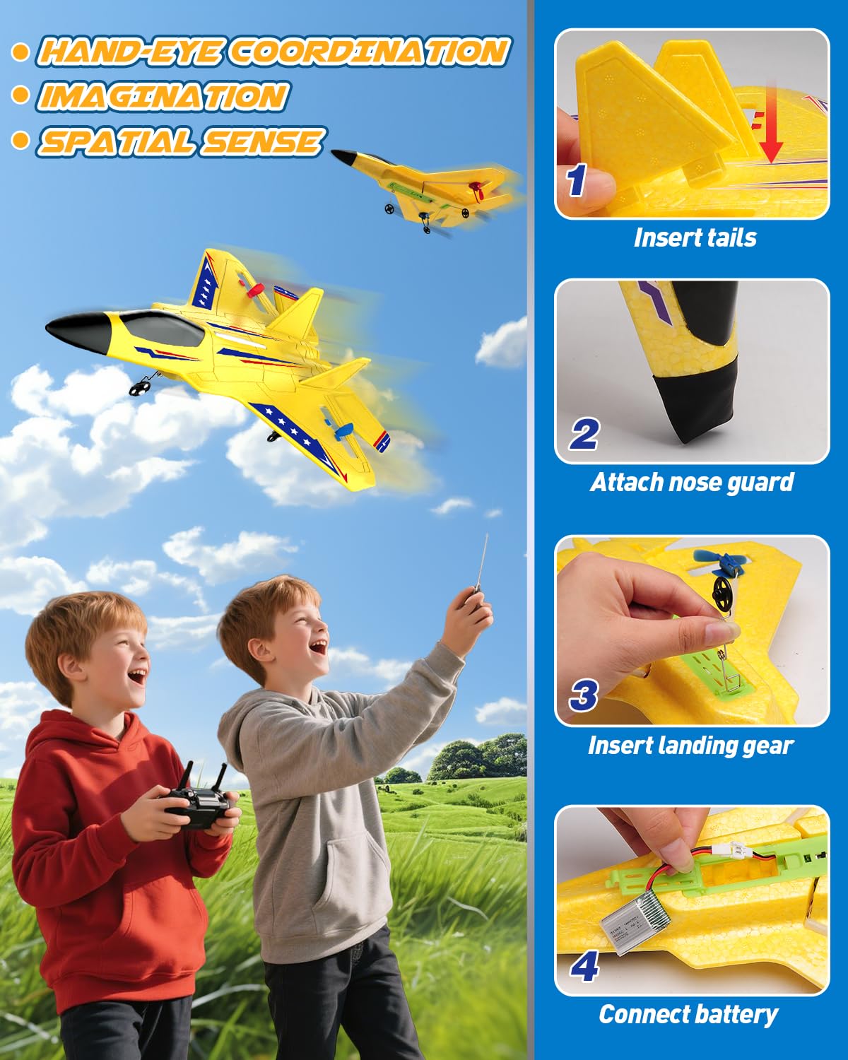 ANTSIR RC Plane F22 RC Airplane, 2. 4GHz Foam Remote Control Airplane with Gyro Stabilizer/LED Light/2 Rechargeable Batteries Easy to Fly RC Glider Jet Toy for Kids Boys Adults Beginners (Yellow)
